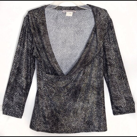 Shimmery JUS D'ORANGE Paris Sz S Gray Mottled Crosscut Deep Cowl Stretch Blouse - Picture 1 of 6